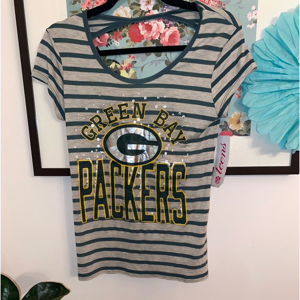 NWT Green Bay Packers NFL Women’s Striped Sequin Graphic Tee Small - Picture 2 of 9